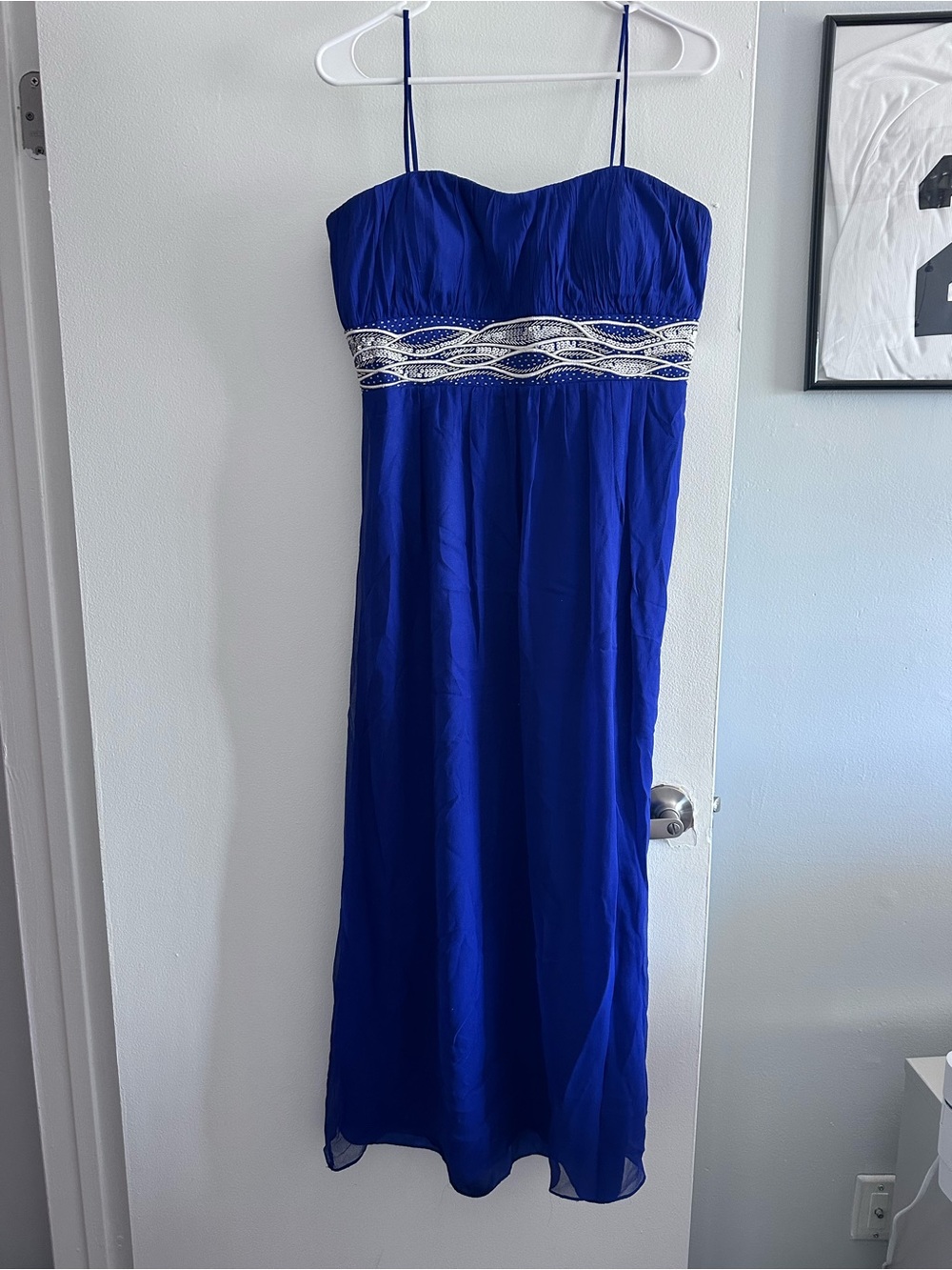 Royal Blue Spaghetti-Strap Evening Dress with Beaded Waist
